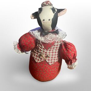 VNT Adorable Stuffed Cow Door Stopper Red Floral Dress and Lace cute farmhouse